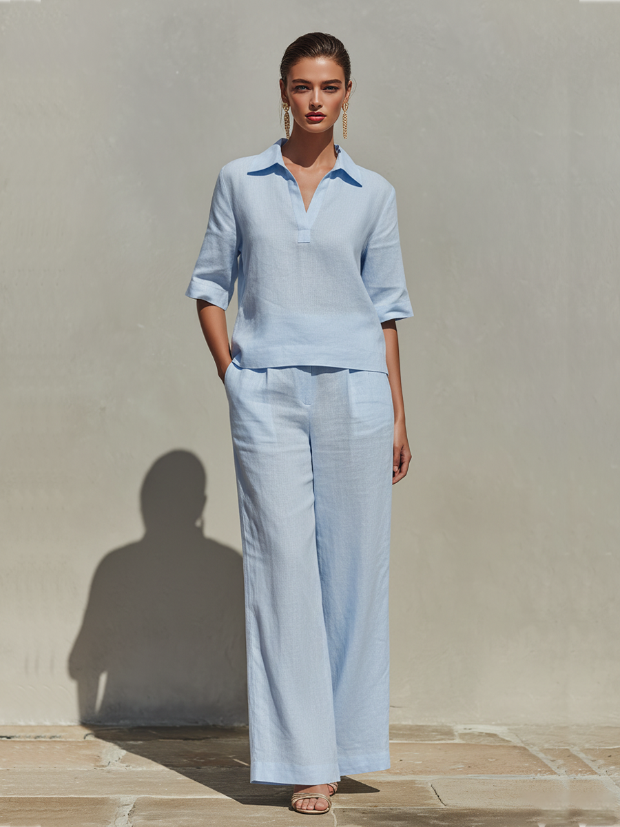Women's Sky Blue Linen Two-Piece Set With Collared V-Neck Top & High-Waisted Wide-Leg Pants, Timeless Minimalist-Resort Style Set