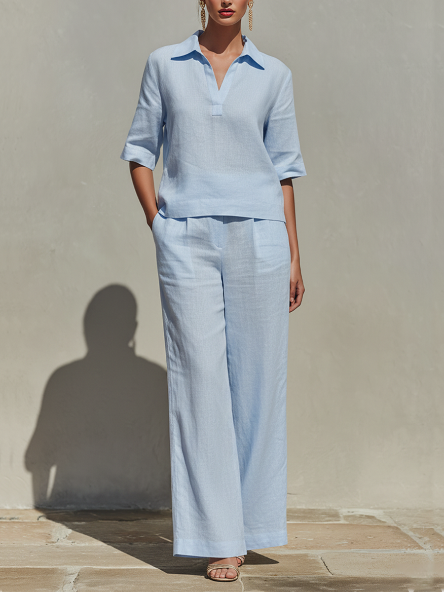 Women's Sky Blue Linen Two-Piece Set With Collared V-Neck Top & High-Waisted Wide-Leg Pants, Timeless Minimalist-Resort Style Set