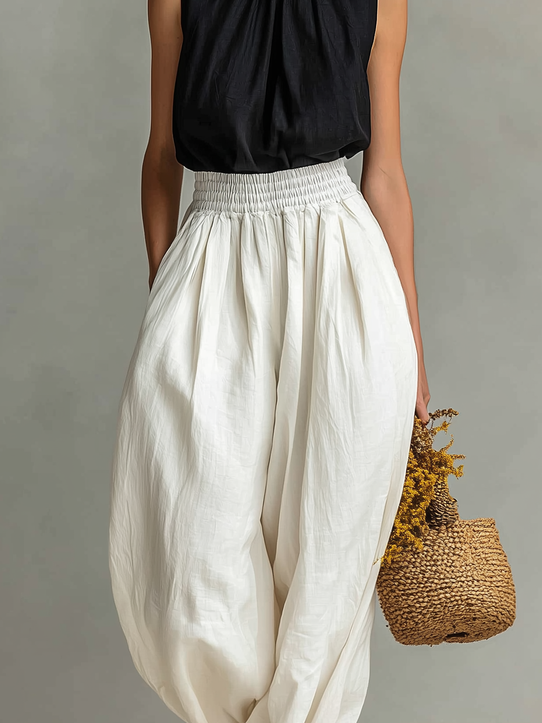 Women's Casual Black Cotton-Linen Sleeveless Crew-Neck Top With Embroidery, Paired With White Trousers