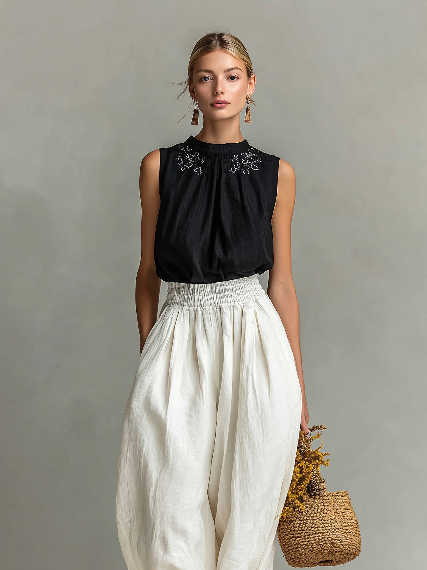Women's Casual Black Cotton-Linen Sleeveless Crew-Neck Top With Embroidery, Paired With White Trousers