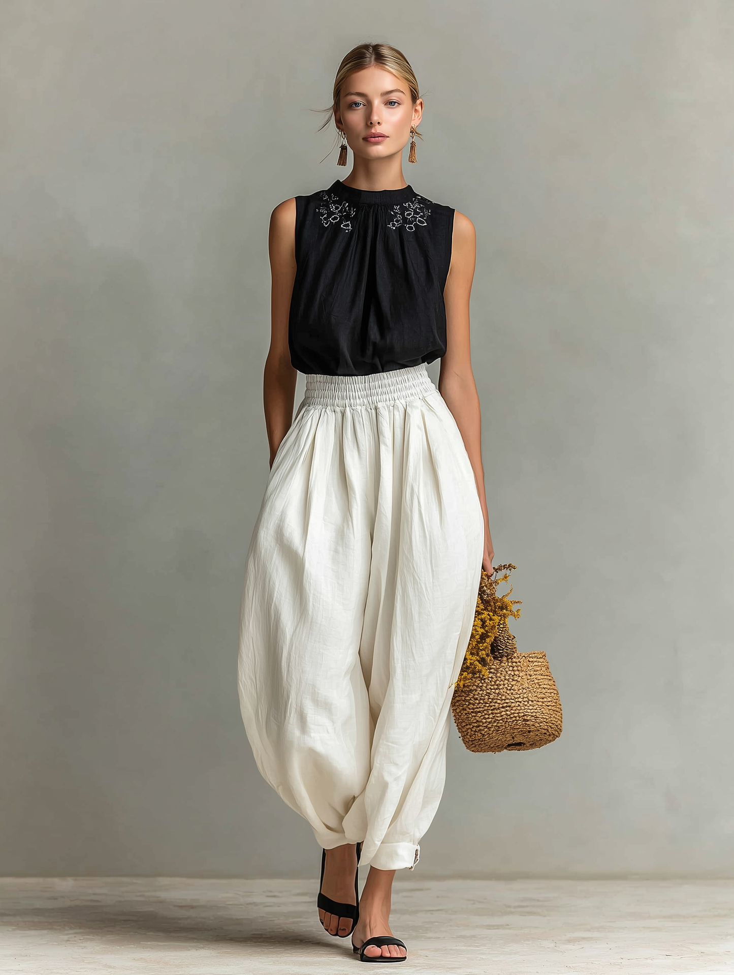 Women's Casual Black Cotton-Linen Sleeveless Crew-Neck Top With Embroidery, Paired With White Trousers