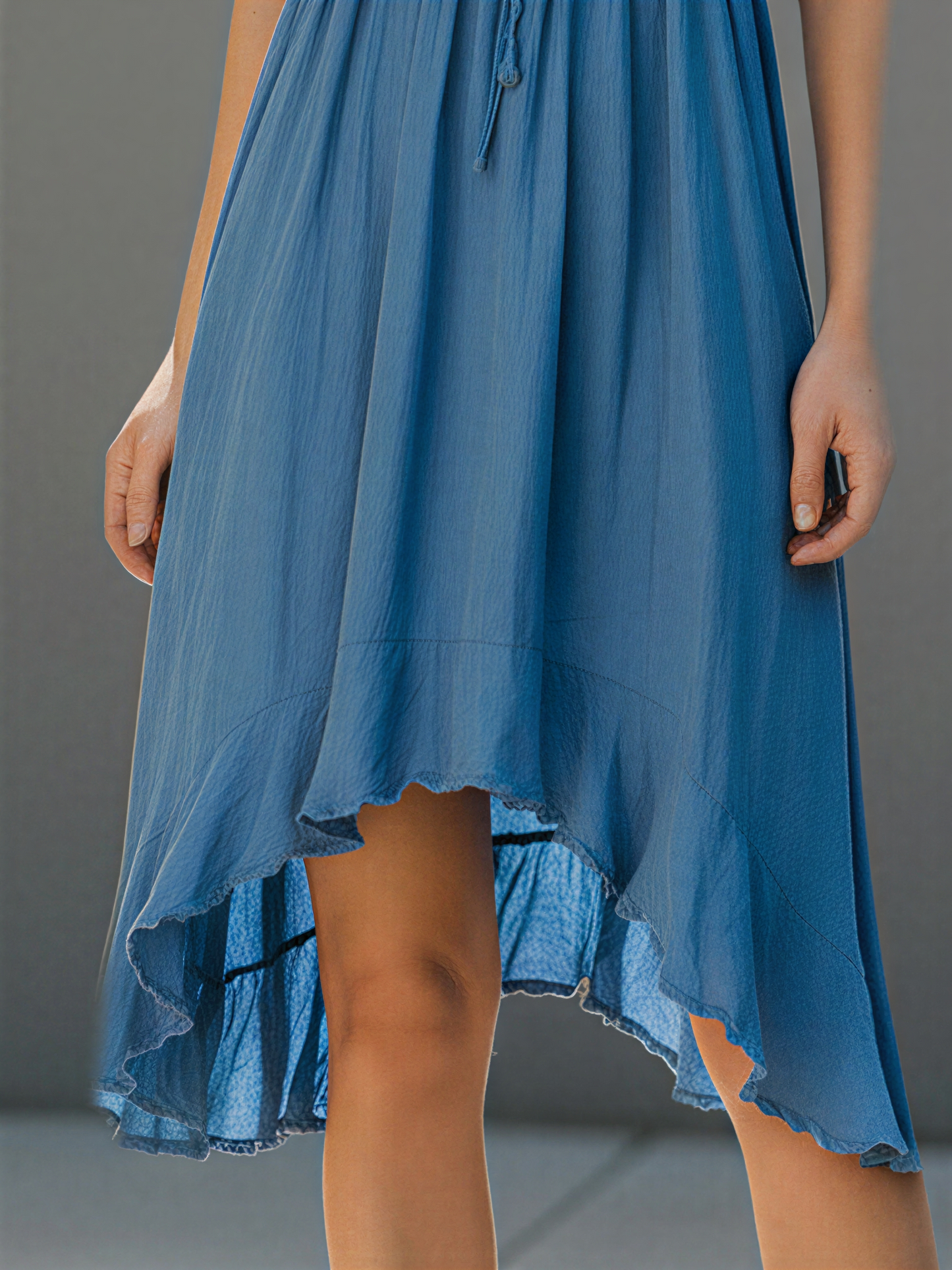 Women’s Dusty Blue Spaghetti Strap Embroidered Trim Tie-Front High-Low Midi Dress