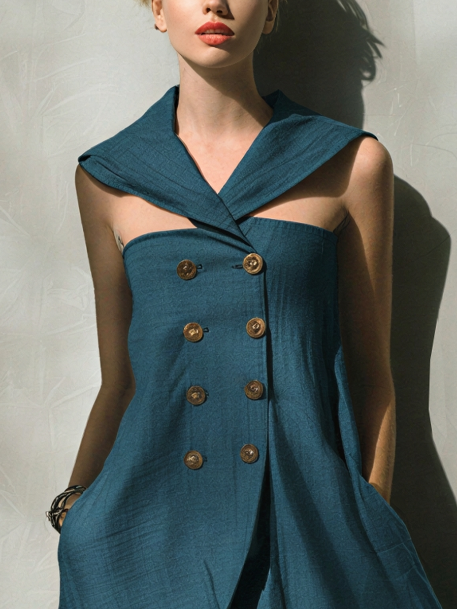 Women’s Teal Blue Linen-Blend Double-Breasted Cutout Shawl Collar Mini Dress With Pockets