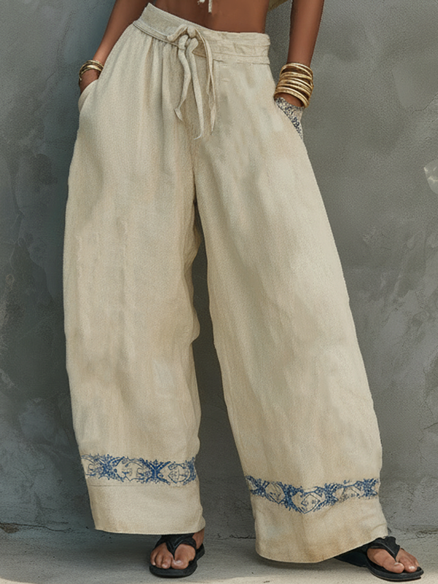 Women's Minimalist Linen-Blend Set: Tie-Front Vest & Embroidered Wide-Leg Pants