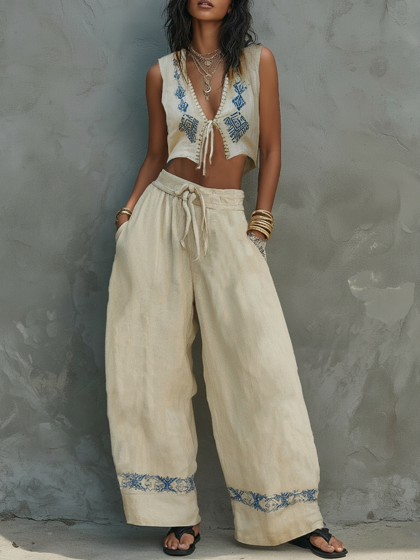 Women's Minimalist Linen-Blend Set: Tie-Front Vest & Embroidered Wide-Leg Pants