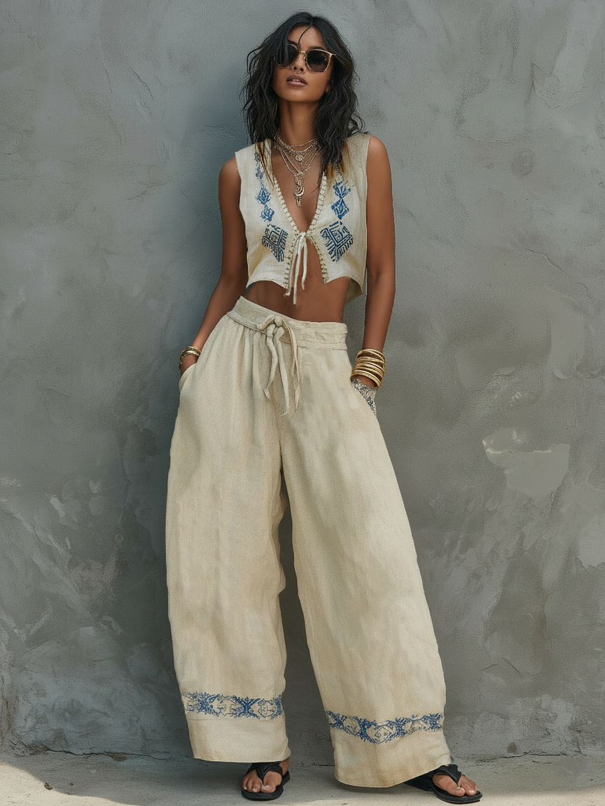 Women's Minimalist Linen-Blend Set: Tie-Front Vest & Embroidered Wide-Leg Pants