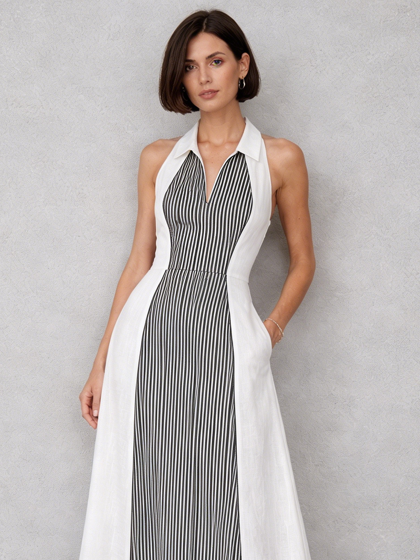 Women's Minimalist Striped Patchwork Sleeveless Midi Dress