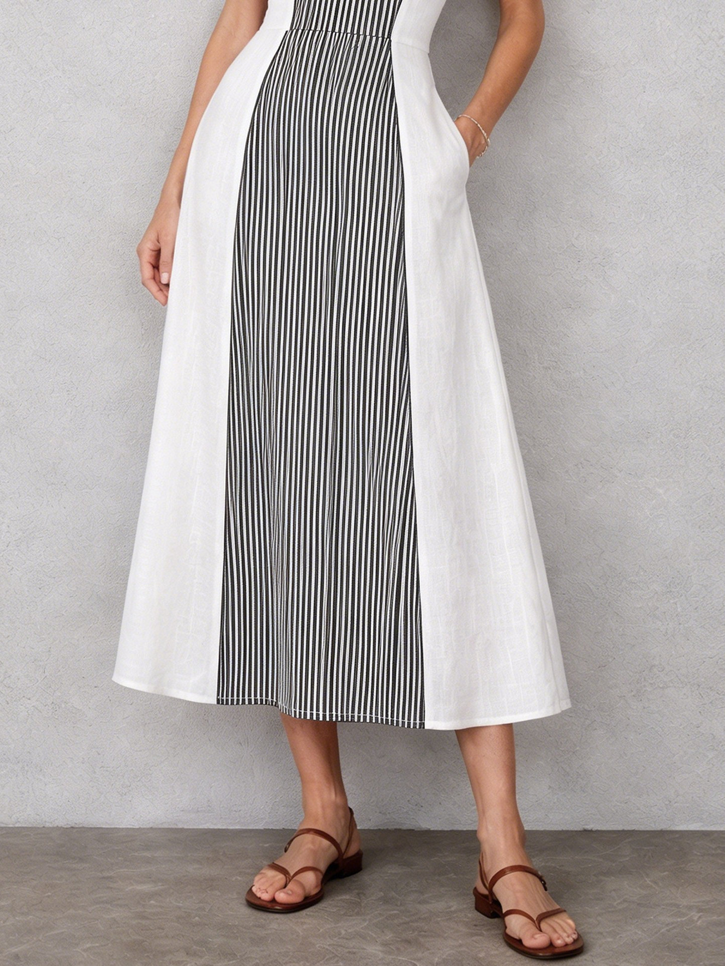 Women's Minimalist Striped Patchwork Sleeveless Midi Dress