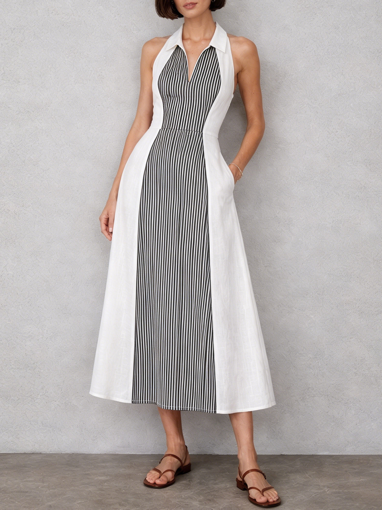 Women's Minimalist Striped Patchwork Sleeveless Midi Dress