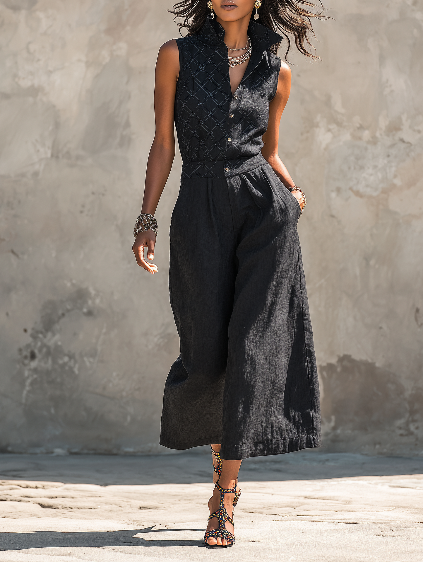Women's Minimalist Quilted-Pattern Embroidered Sleeveless Cropped Jumpsuit