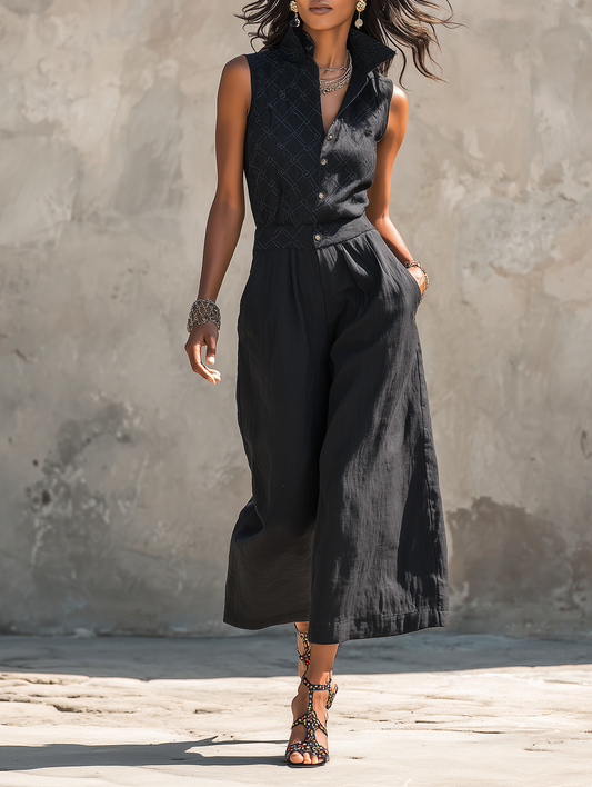 Women's Minimalist Quilted-Pattern Embroidered Sleeveless Cropped Jumpsuit