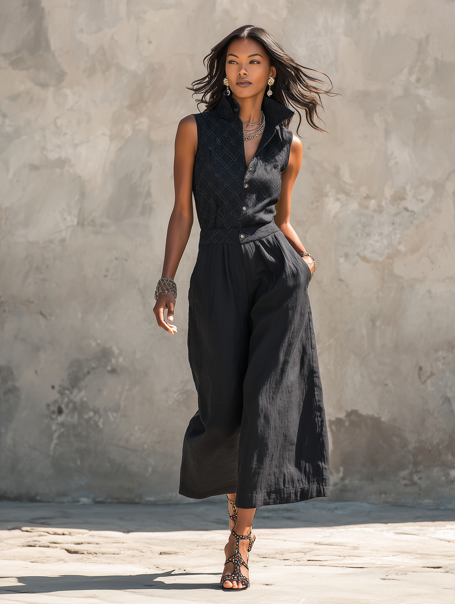 Women's Minimalist Quilted-Pattern Embroidered Sleeveless Cropped Jumpsuit