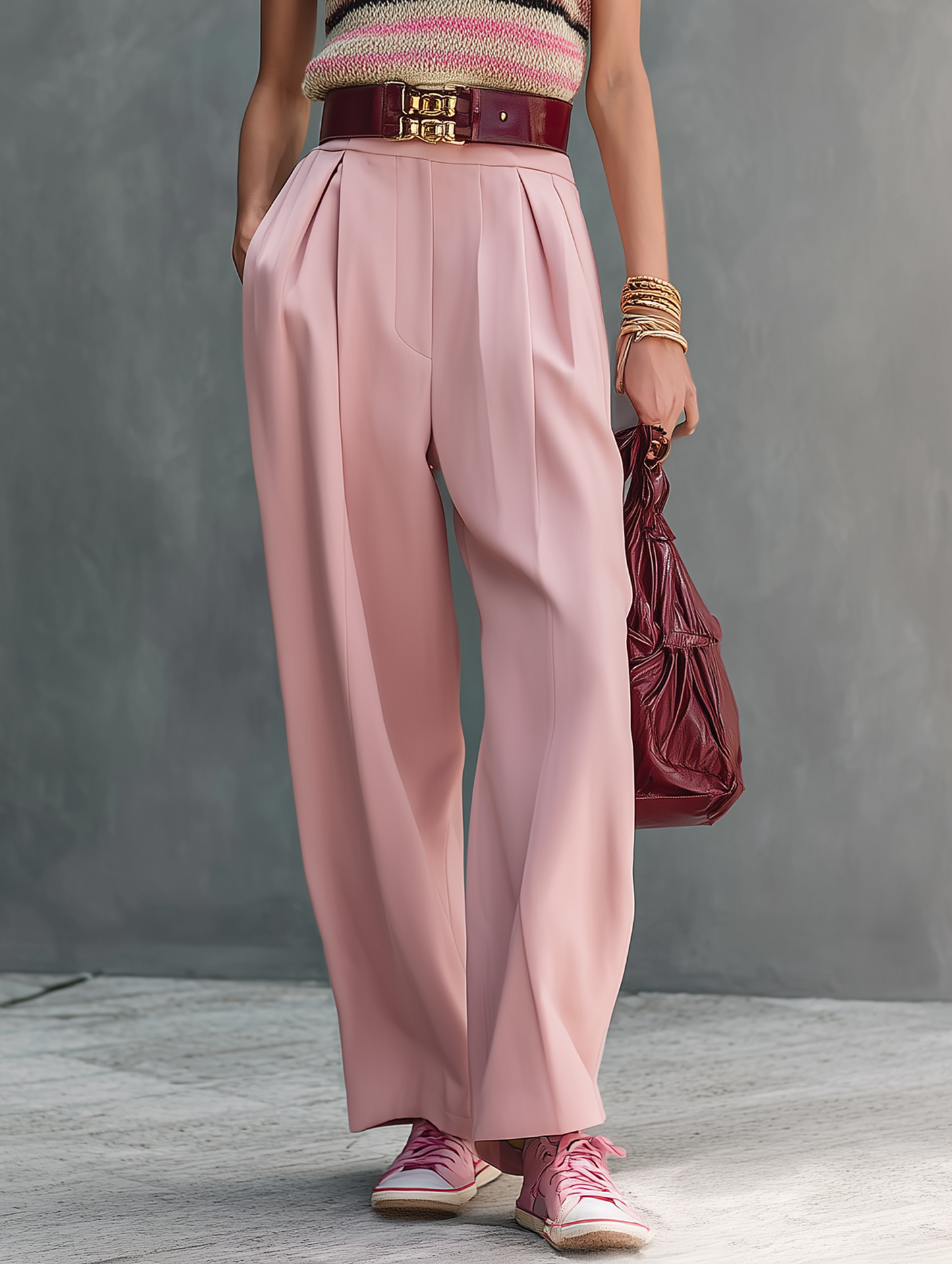 Women's Minimalist Striped Knitted Sleeveless Sweater And Straight-Leg Pants Set