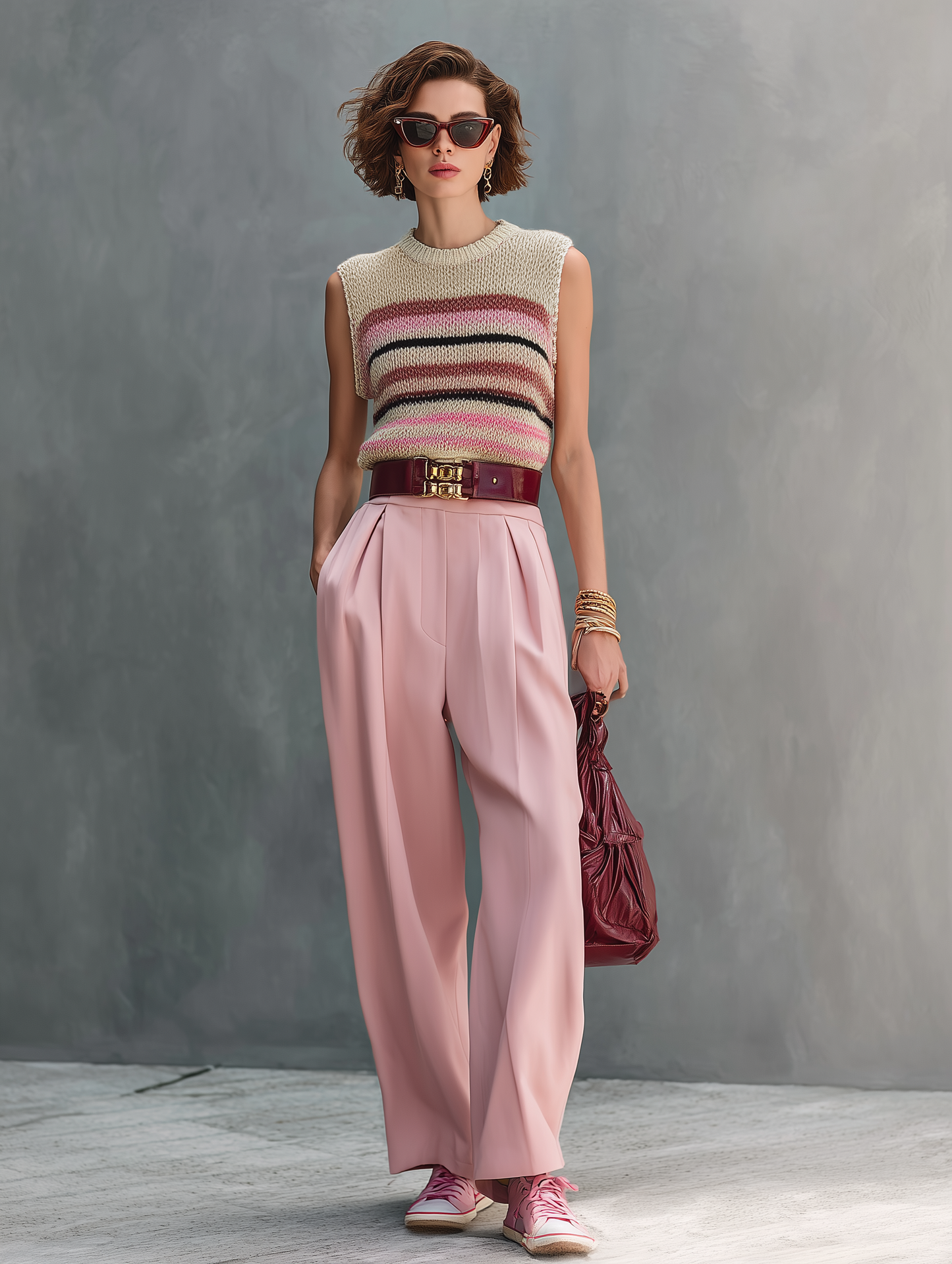 Women's Minimalist Striped Knitted Sleeveless Sweater And Straight-Leg Pants Set