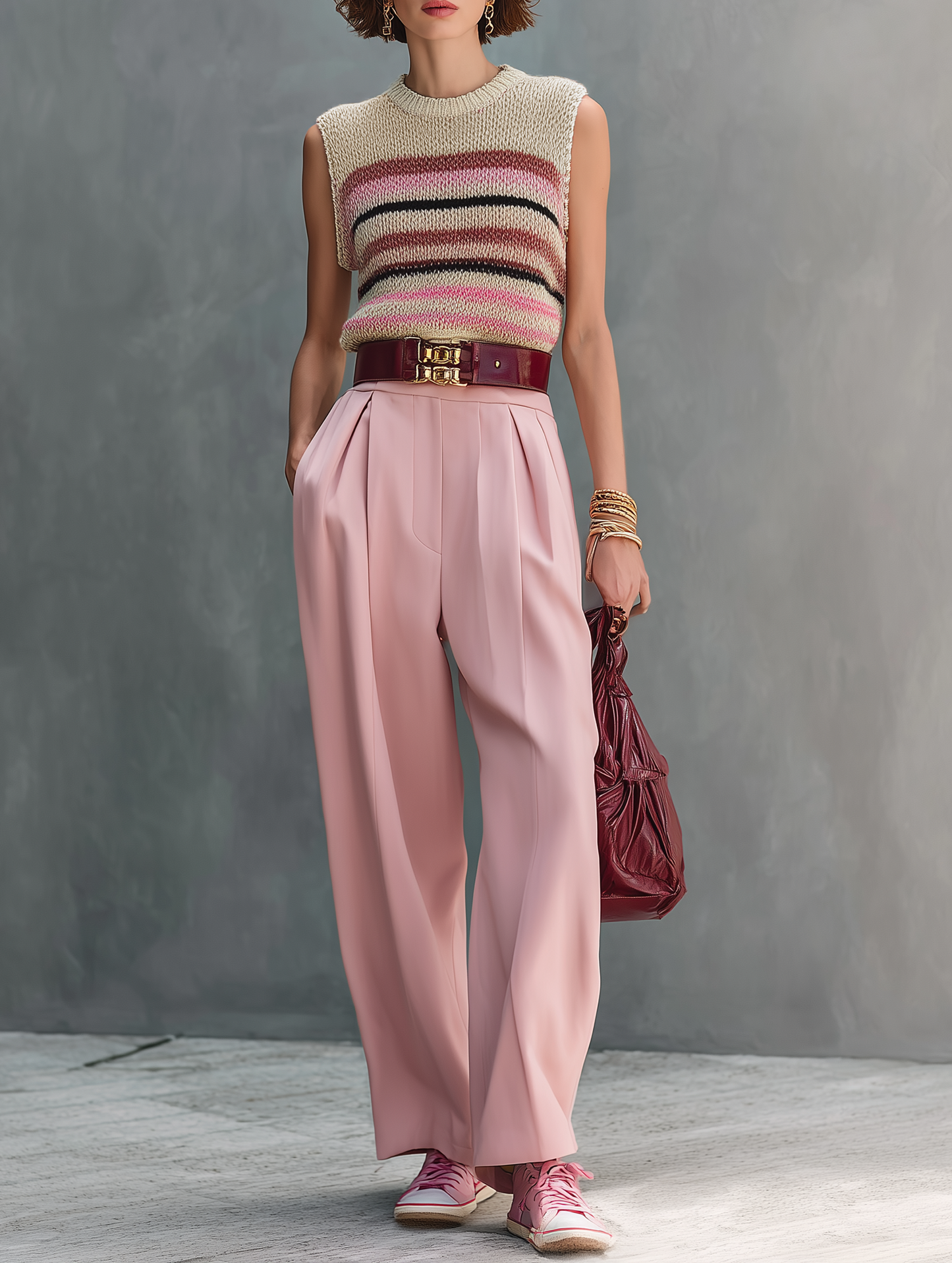 Women's Minimalist Striped Knitted Sleeveless Sweater And Straight-Leg Pants Set