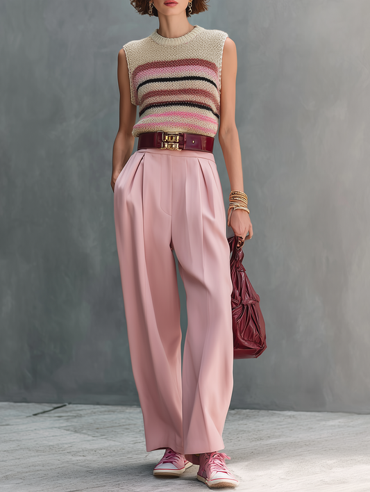 Women's Minimalist Striped Knitted Sleeveless Sweater And Straight-Leg Pants Set