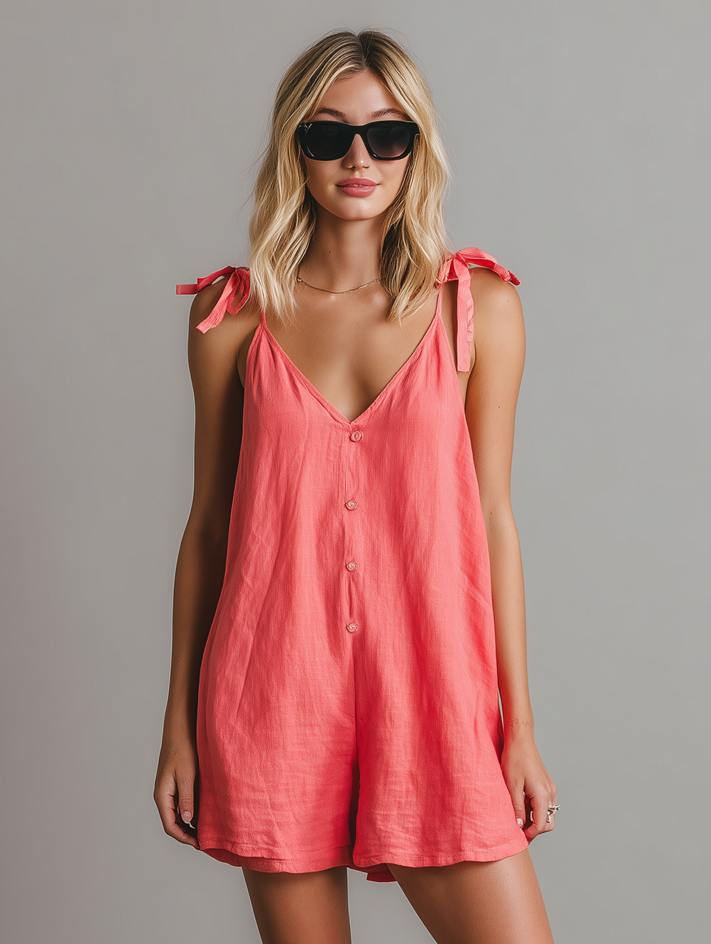 Women's Minimalist Linen-Blend Romper With Single-Breasted Front And Tie-Shoulder Straps