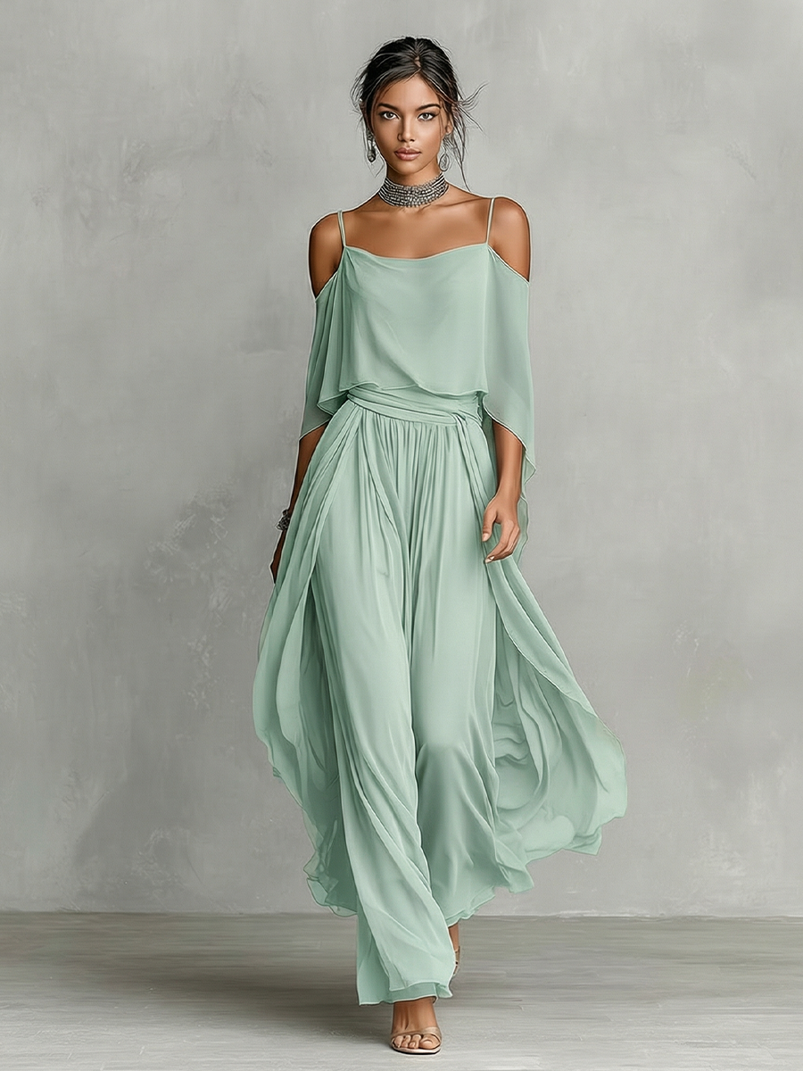 Women's Grey Breathable Chiffon Set With Cold-Shoulder Detail & Flared Silhouette, Contemporary Luxury-Feminine Style Set