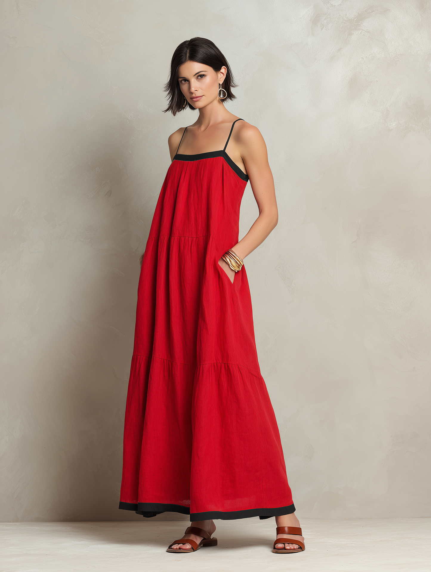 Women's Minimalist Color-Block Linen-Blend Maxi Slip Dress