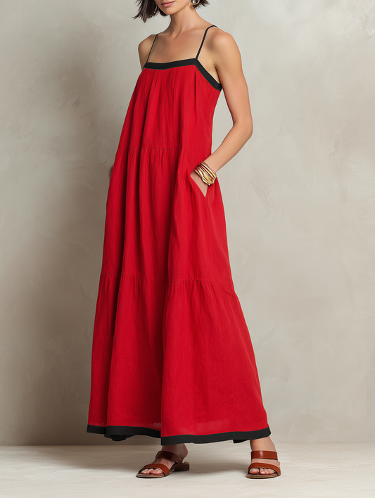 Women's Minimalist Color-Block Linen-Blend Maxi Slip Dress