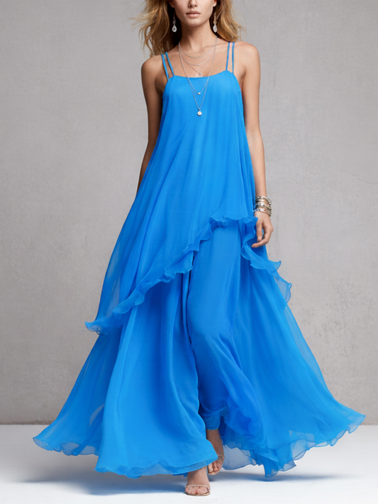 Women's Elegant Blue Chiffon Layered Ruffle Spaghetti Strap Maxi Dress