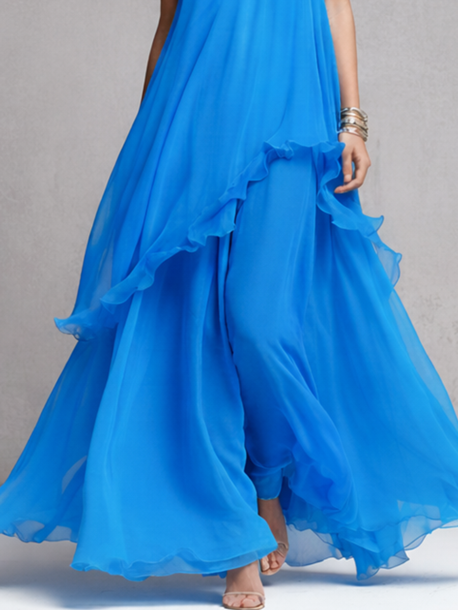 Women's Elegant Blue Chiffon Layered Ruffle Spaghetti Strap Maxi Dress