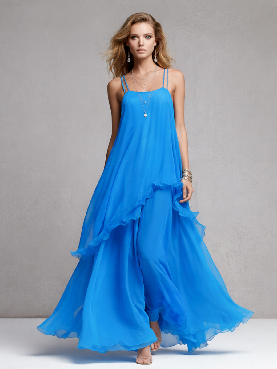 Women's Elegant Blue Chiffon Layered Ruffle Spaghetti Strap Maxi Dress