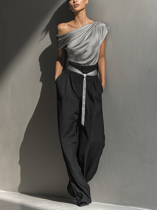 Women’s Silver Satin Draped One-Shoulder Top & Black Linen-Blend High-Waisted Wide-Leg Pants Two-Piece Set