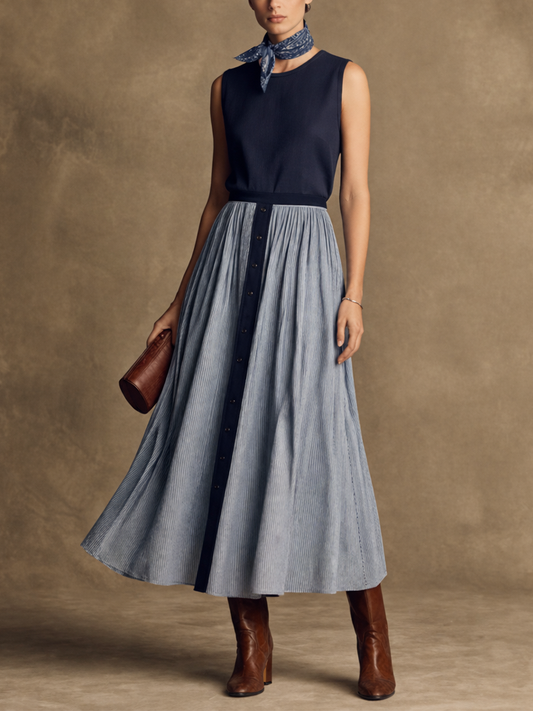 Women's Vintage Navy Cotton-Linen Sleeveless Maxi Dress With Blue And White Striped Panel