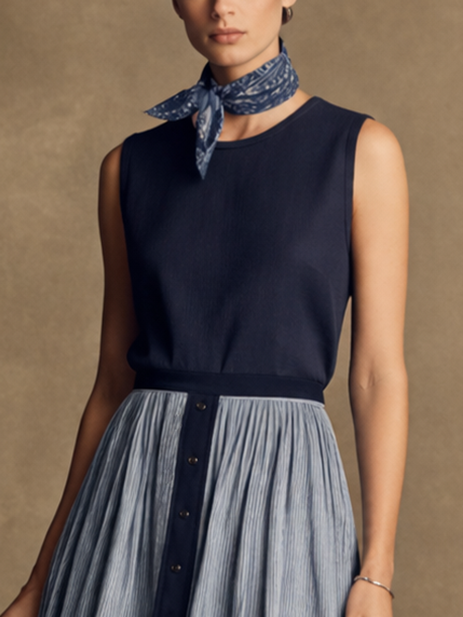 Women's Vintage Navy Cotton-Linen Sleeveless Maxi Dress With Blue And White Striped Panel