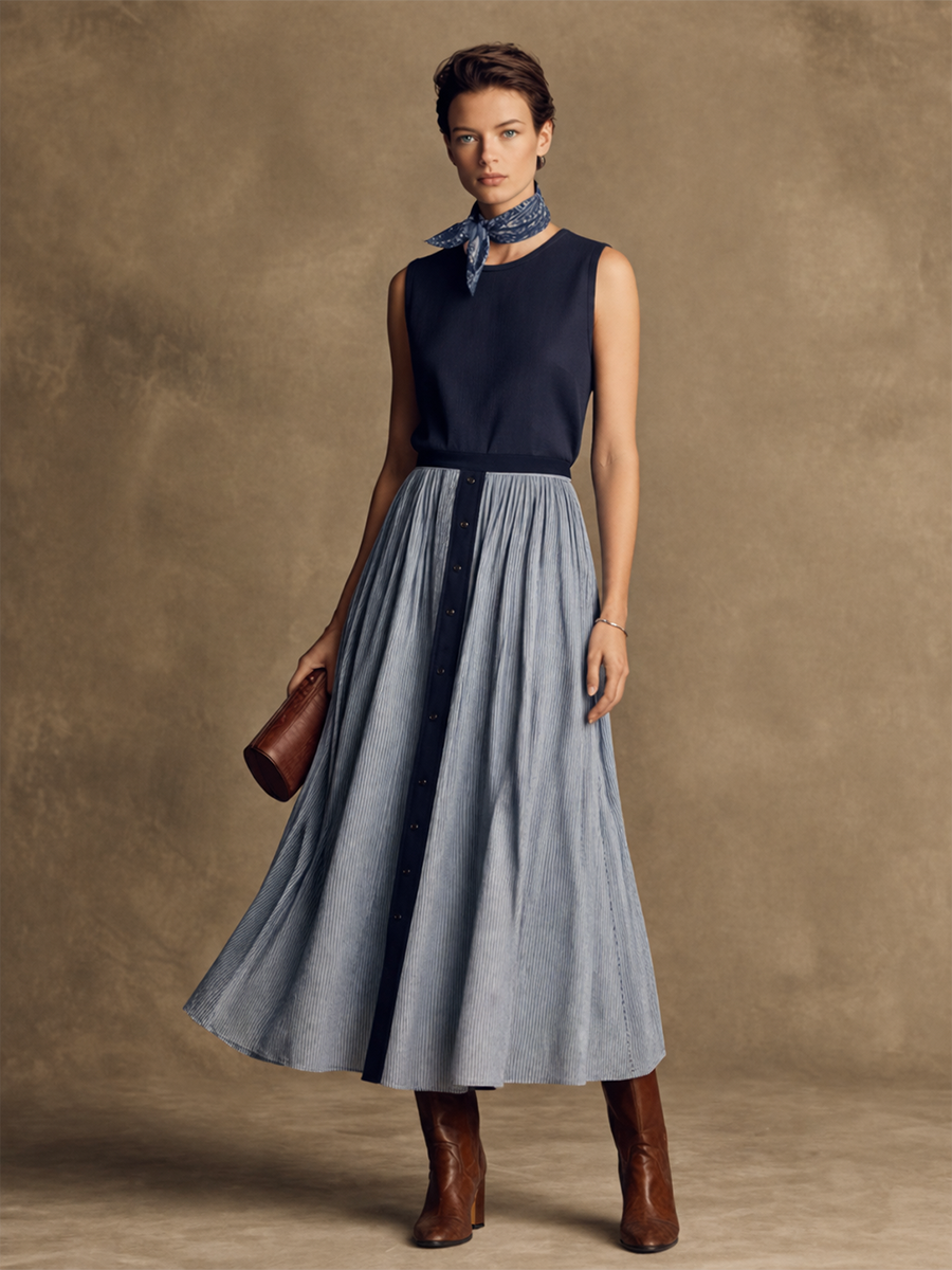Women's Vintage Navy Cotton-Linen Sleeveless Maxi Dress With Blue And White Striped Panel