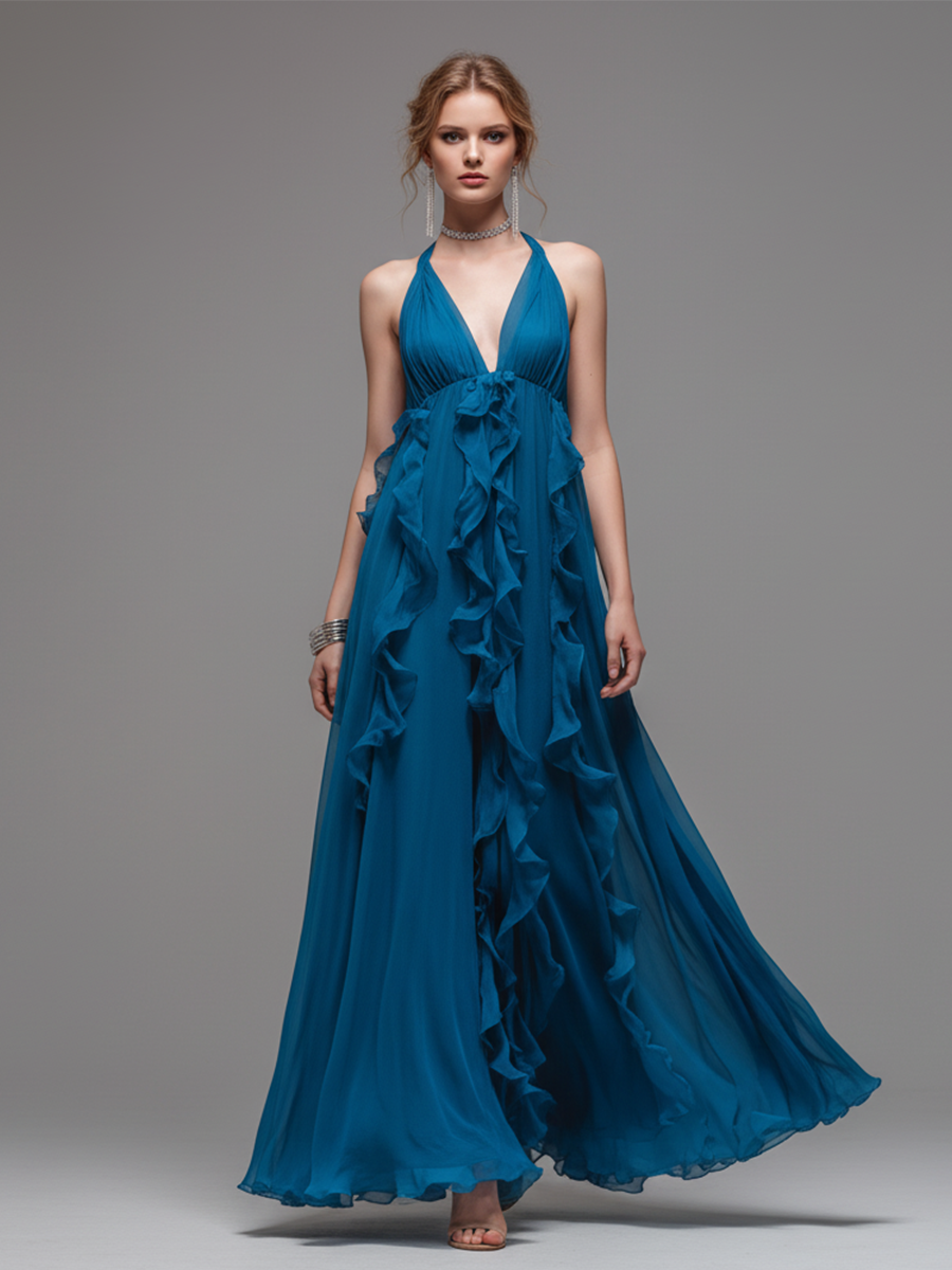 Women's Elegant Blue Chiffon Halter-Neck V-Neck Ruffled Maxi Dress