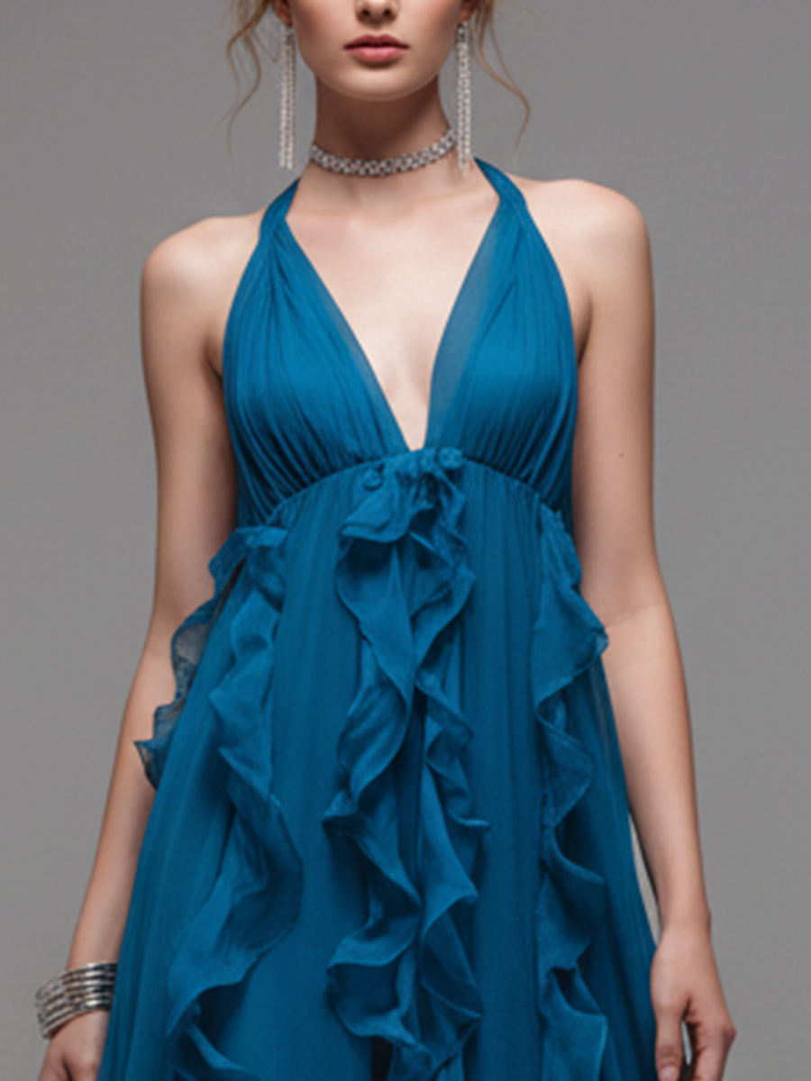 Women's Elegant Blue Chiffon Halter-Neck V-Neck Ruffled Maxi Dress