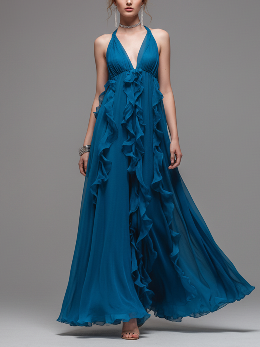 Women's Elegant Blue Chiffon Halter-Neck V-Neck Ruffled Maxi Dress