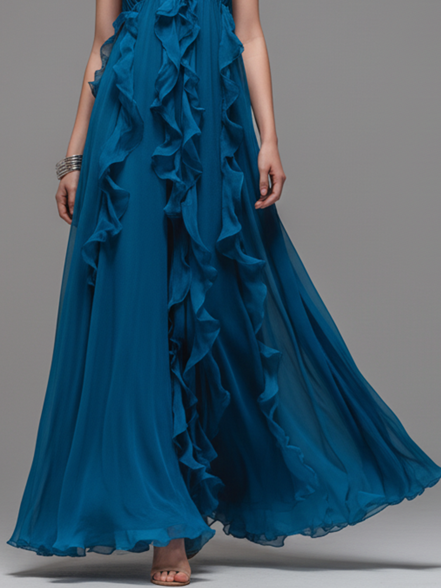 Women's Elegant Blue Chiffon Halter-Neck V-Neck Ruffled Maxi Dress