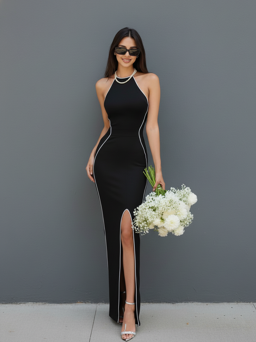 Women's Sexy Black Knit Halter Maxi Dress With White Piping And Slit