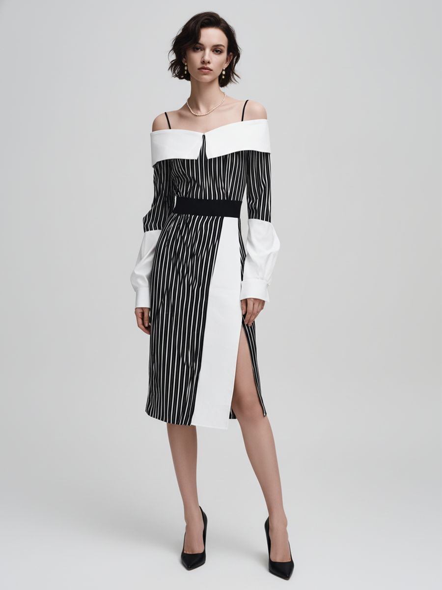 Women's Fashionable White Cotton Blend Fabric Patchwork Black And White Striped Off-shoulder Slit Midi Dress