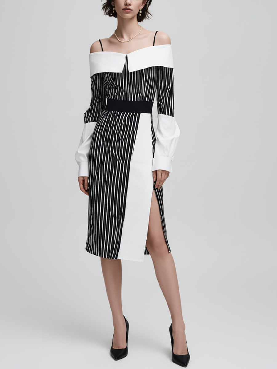 Women's Fashionable White Cotton Blend Fabric Patchwork Black And White Striped Off-shoulder Slit Midi Dress