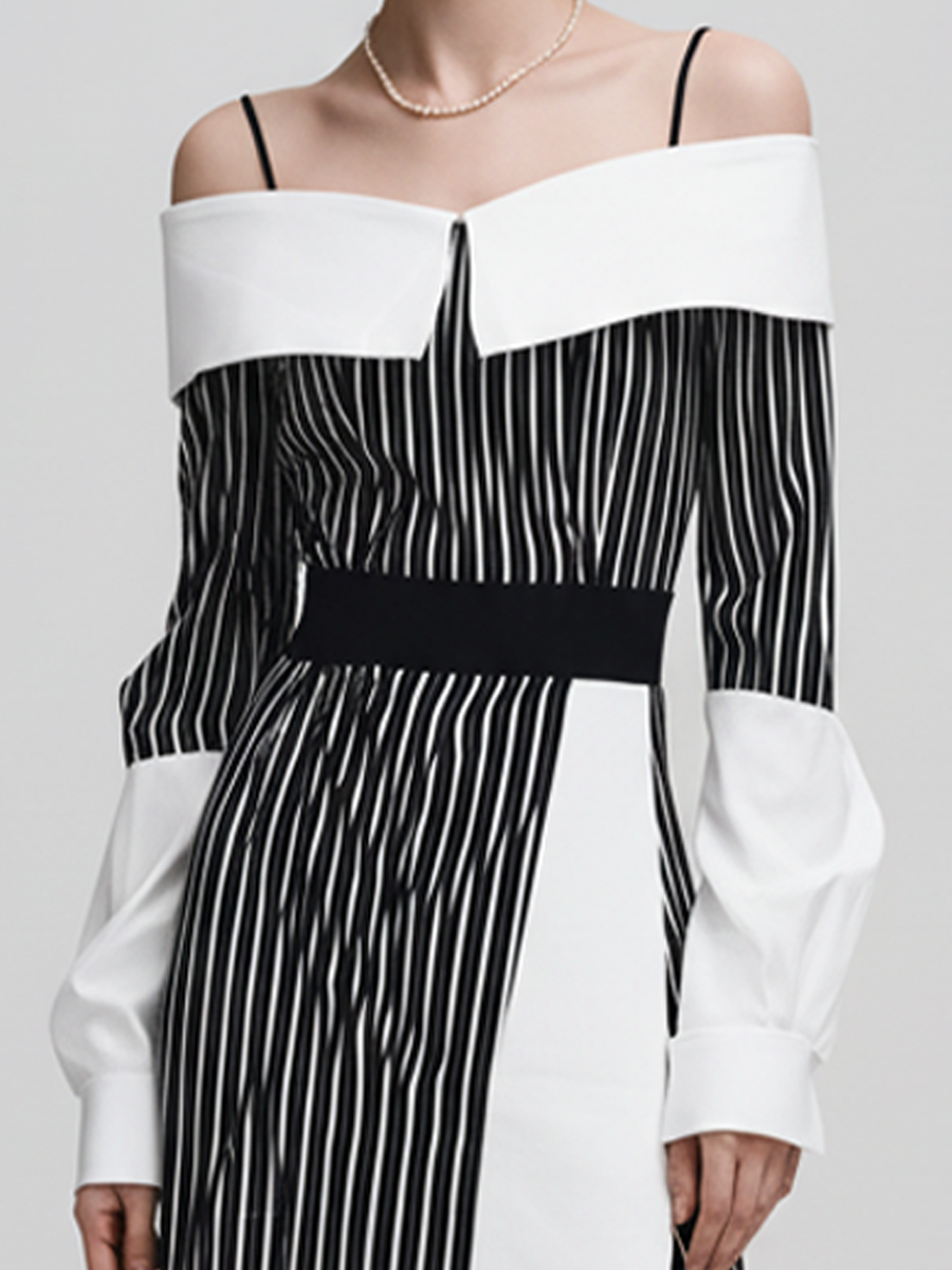 Women's Fashionable White Cotton Blend Fabric Patchwork Black And White Striped Off-shoulder Slit Midi Dress