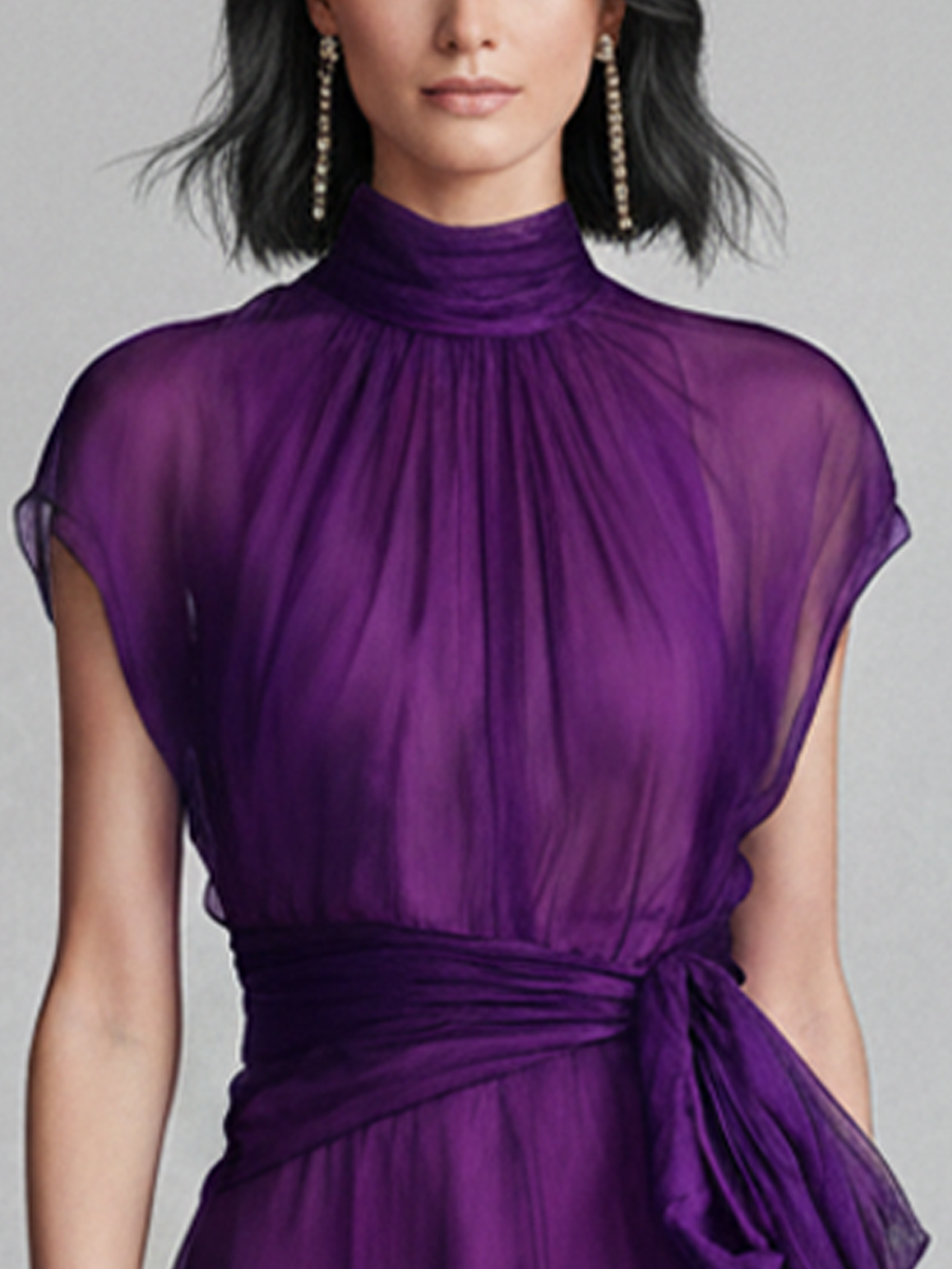 Women's Elegant Purple Chiffon High-Neck Tie-Waist Sleeveless Mini Dress