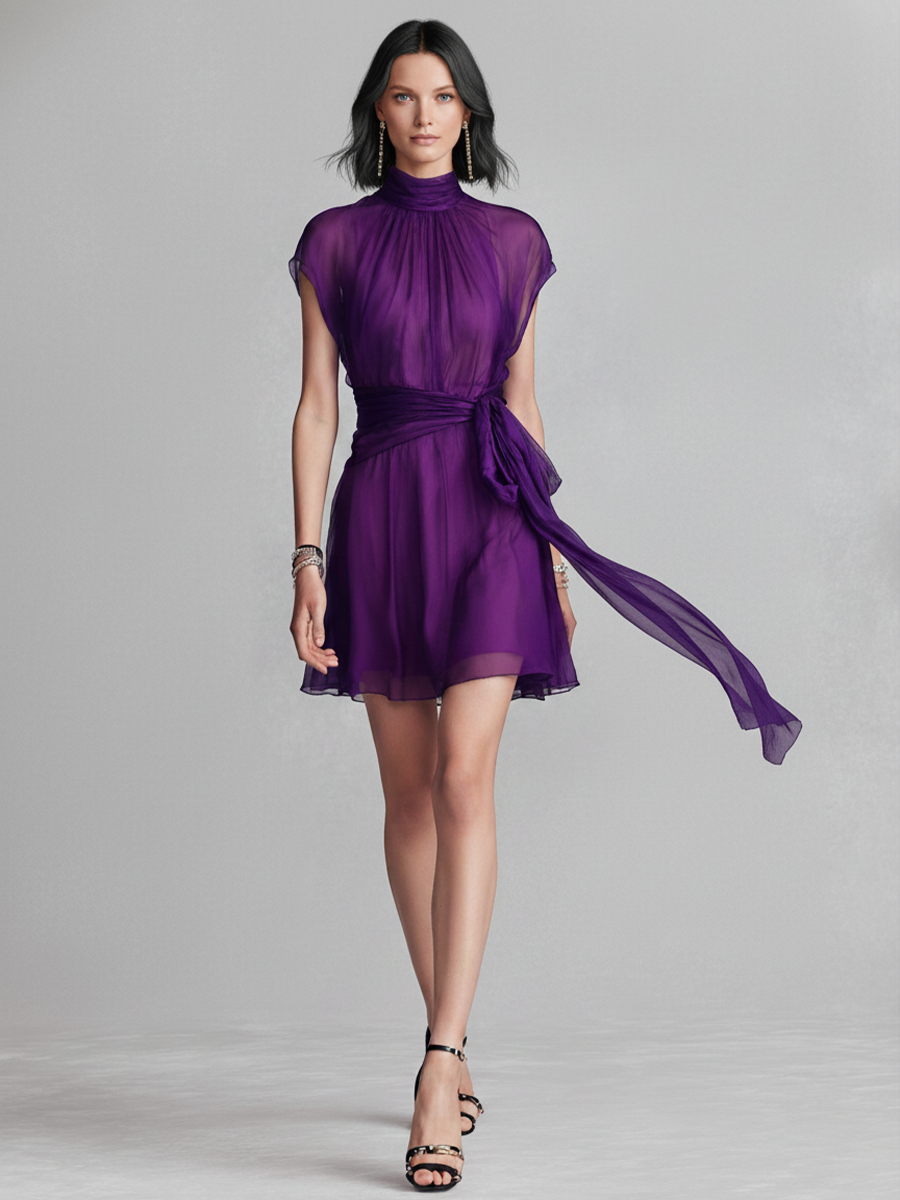 Women's Elegant Purple Chiffon High-Neck Tie-Waist Sleeveless Mini Dress