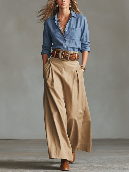 Women's Casual Blue Cotton-Linen Top And Khaki Cotton-Blend Skirt Set (Belt Not Included)