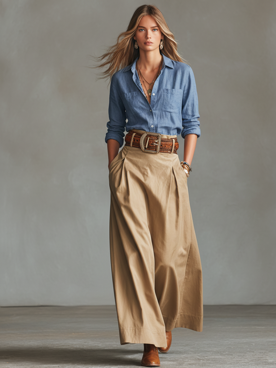 Women's Casual Blue Cotton-Linen Top And Khaki Cotton-Blend Skirt Set (Belt Not Included)