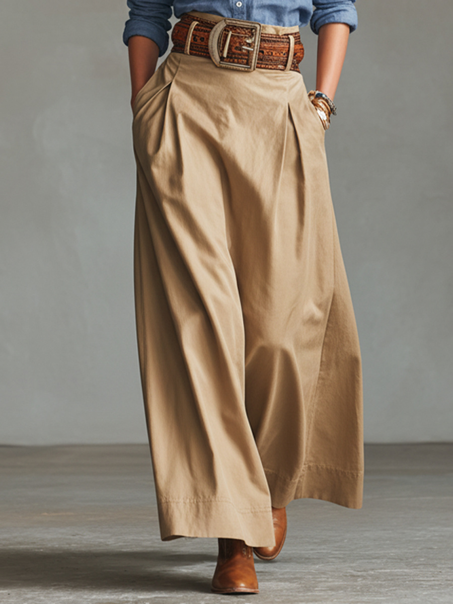 Women's Casual Blue Cotton-Linen Top And Khaki Cotton-Blend Skirt Set (Belt Not Included)