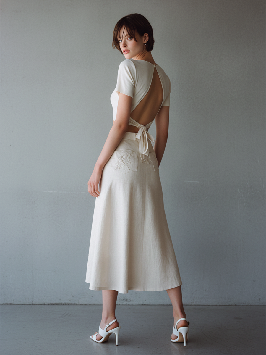 Women's Simple White Cotton-Blend Knit Short-Sleeve Backless Top With Back Tie Detail, And Matching Embroidered Cotton-Blend Skirt Set