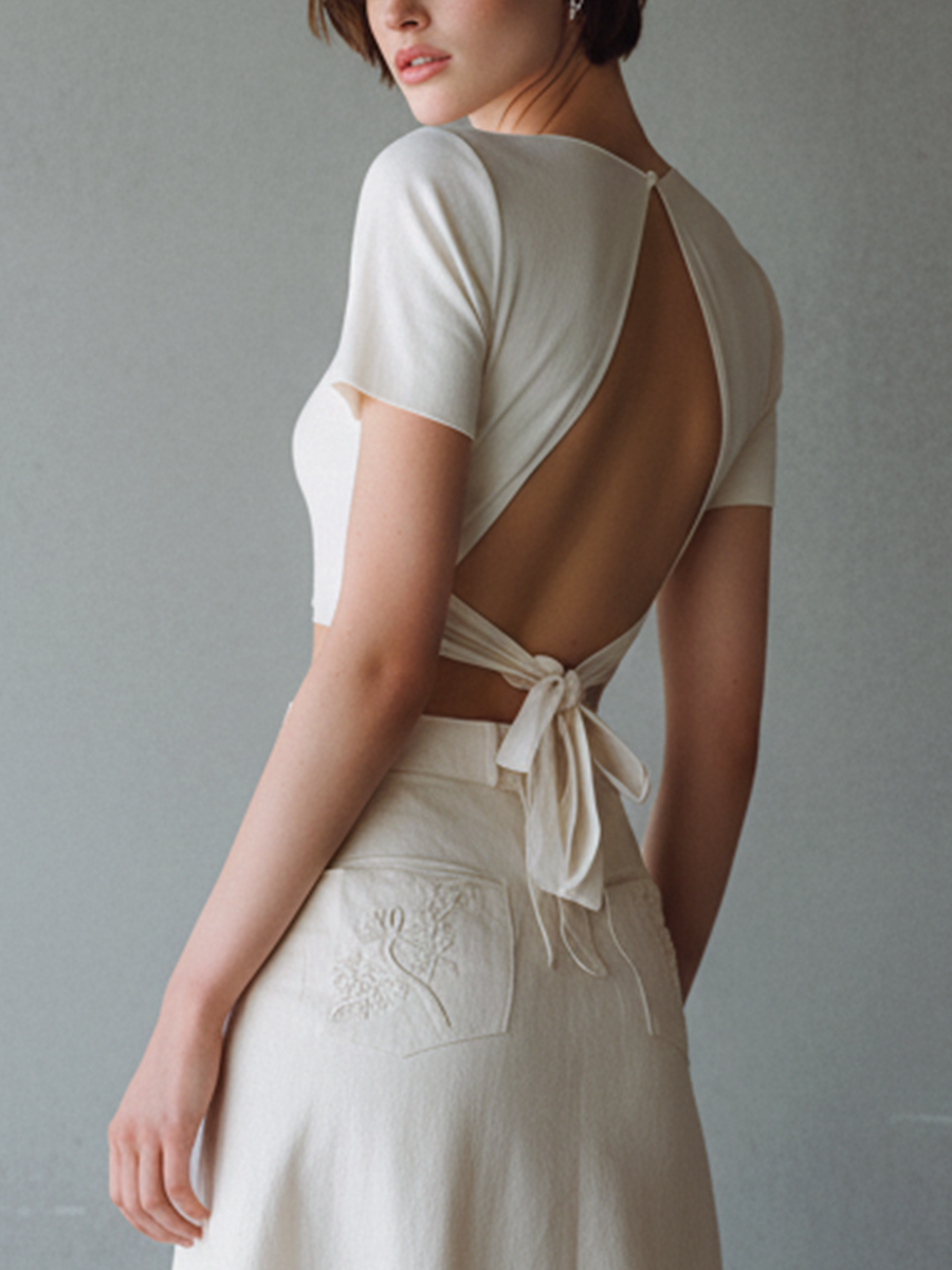 Women's Simple White Cotton-Blend Knit Short-Sleeve Backless Top With Back Tie Detail, And Matching Embroidered Cotton-Blend Skirt Set