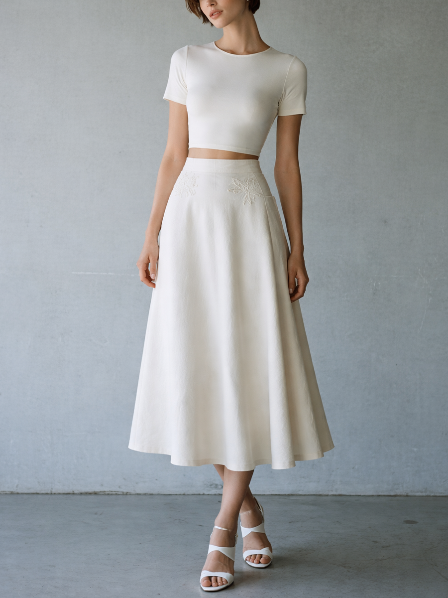 Women's Simple White Cotton-Blend Knit Short-Sleeve Backless Top With Back Tie Detail, And Matching Embroidered Cotton-Blend Skirt Set