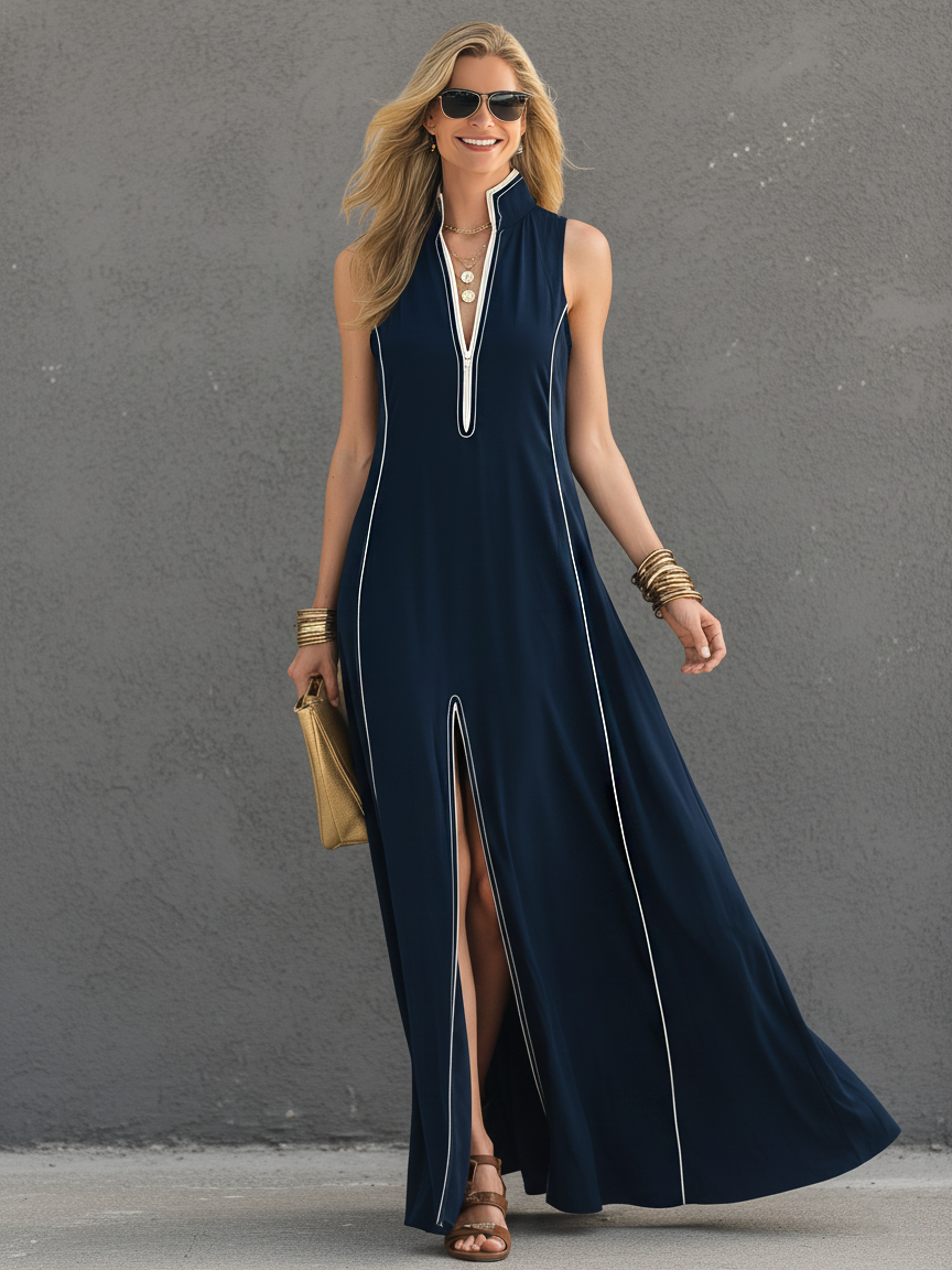 Women's Casual-Sporty Style Dark Blue Stretch-Knit Sleeveless Maxi Dress With Stand Collar