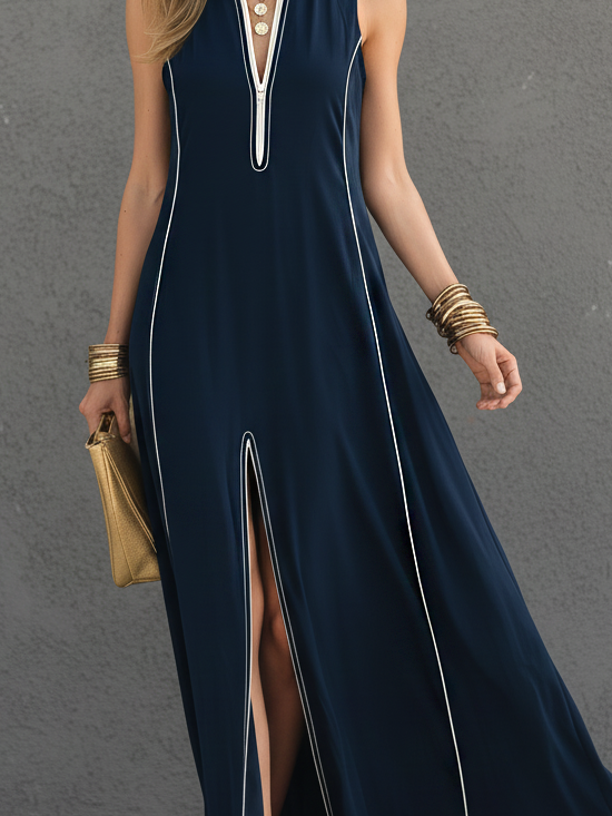 Women's Casual-Sporty Style Dark Blue Stretch-Knit Sleeveless Maxi Dress With Stand Collar