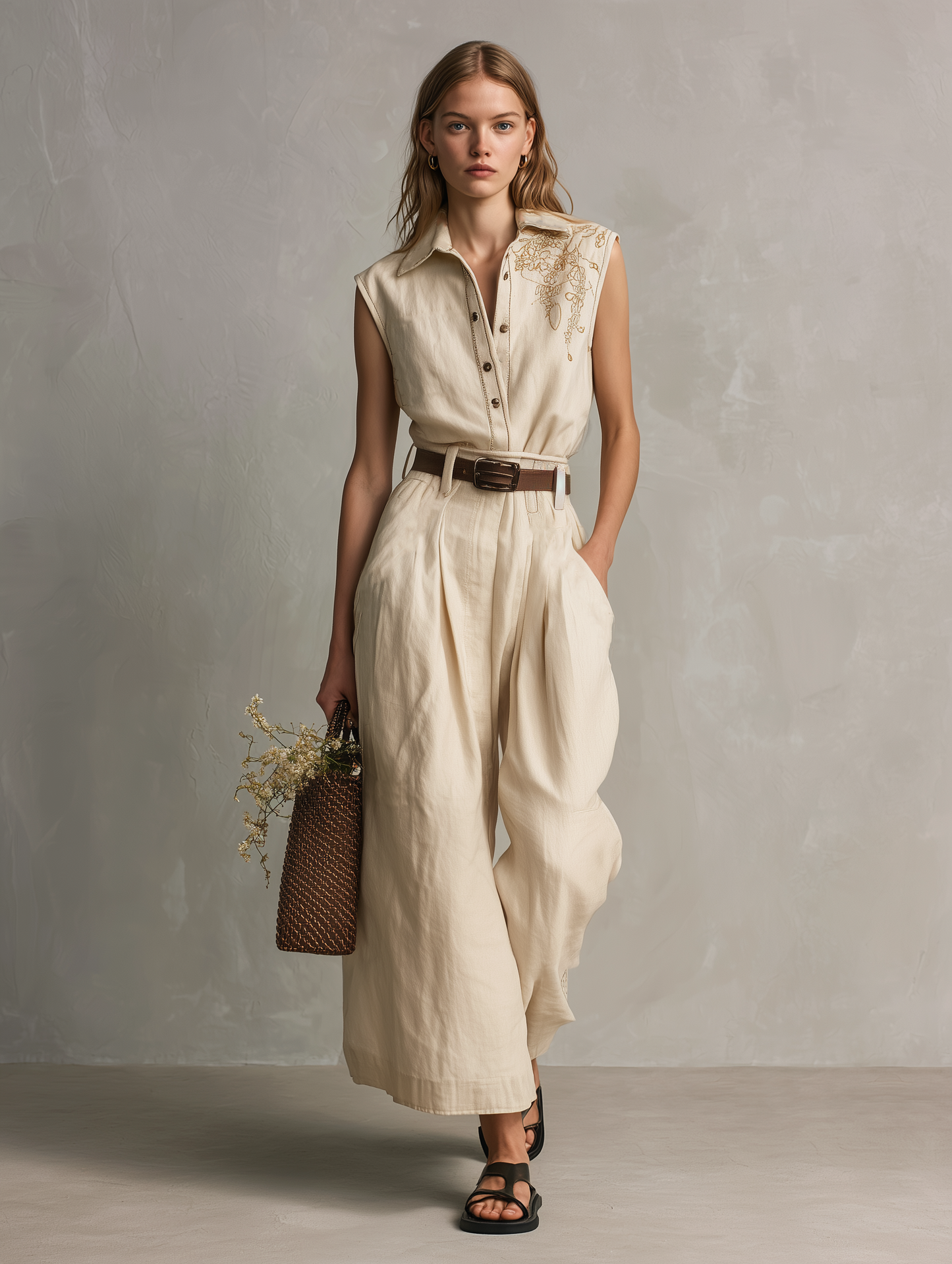 Women's Casual Khaki Cotton-Linen Sleeveless Jumpsuit With Shirt Collar And Embroidery